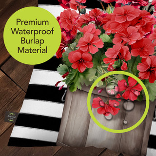 Striped Geraniums Indoor/Outdoor Pillow, red flowers, black and white stripes, premium waterproof burlap material.