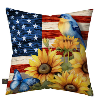 American Country Indoor/Outdoor Pillow with USA flag, sunflowers, bluebird, and butterfly colorful design.