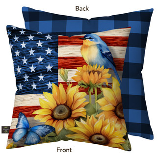 American Country Indoor/Outdoor Pillow, blue plaid back, American flag design with sunflowers and blue bird.