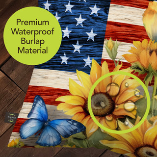 American Country Indoor/Outdoor Pillow with sunflowers, butterflies, and American flag on waterproof burlap material.