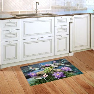 Dragonflies and Frog Doormat on wooden floor in front of white kitchen sink and cabinets.