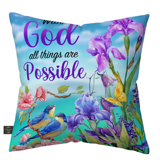 With God Indoor/Outdoor Pillow, vibrant floral design, blue birds, purple irises, inspirational quote on teal background.