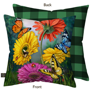 Butterflies and Daisies Indoor/Outdoor Pillow with colorful flowers and butterflies on green plaid background.