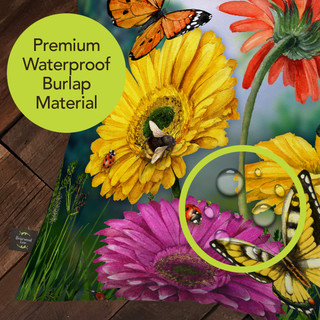 Butterflies and Daisies waterproof burlap pillow with colorful floral design and vibrant butterflies.