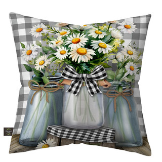 Farmhouse Jars Indoor/Outdoor Pillow with daisies in mason jars on gray and white checkered background.