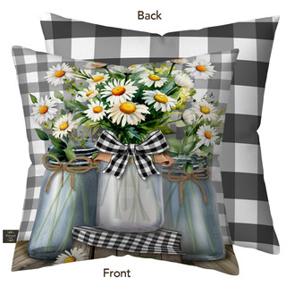 Farmhouse Jars Indoor/Outdoor Pillow with daisies in mason jars on black and white gingham background.
