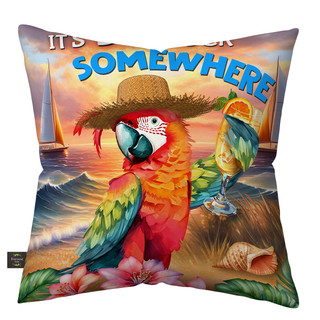 Sunset Parrot Indoor/Outdoor Pillow with colorful parrot, hat, and tropical drink on beach scene.