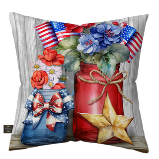 American Flowers Indoor/Outdoor Pillow with patriotic jars and floral design in red, white and blue colors.