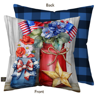 American Flowers Indoor/Outdoor Pillow, blue plaid back, patriotic floral design on front, red and blue colors.