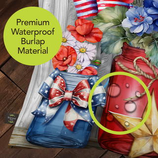 American Flowers Indoor/Outdoor Pillow, red, blue, and white floral design on waterproof burlap material.