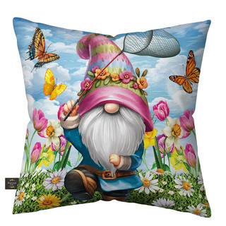 Springtime Gnome Indoor/Outdoor Pillow with colorful floral gnome design and butterflies on blue background.