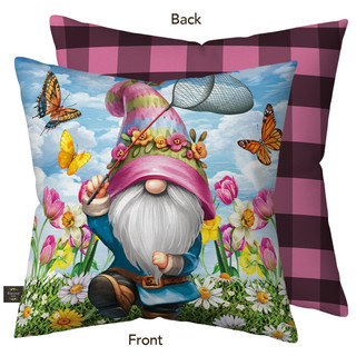 Springtime Gnome Indoor Outdoor Pillow, pink and purple plaid back, colorful garden gnome design.