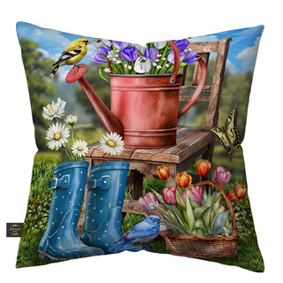 Indoor/outdoor pillow with garden-themed design, featuring flowers, boots, and birds on a colorful background.