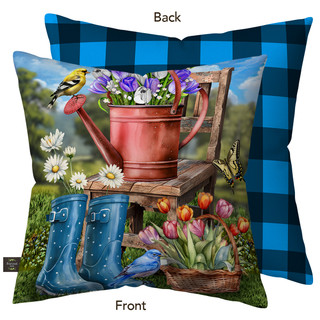 In the Garden Indoor/Outdoor Pillow with vibrant floral design and blue plaid reverse side shown.