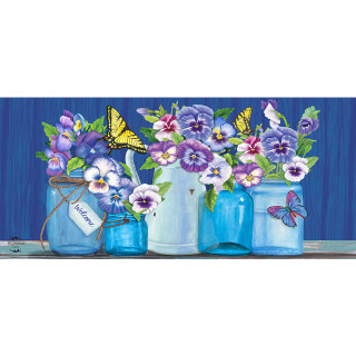 Butterflies and Pansies Mini Mat with blue jars and purple flowers and butterflies design.
