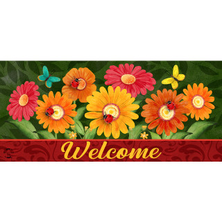 Colorful Daisies Mini Mat with vibrant flowers, butterflies, and a welcome message on red background.