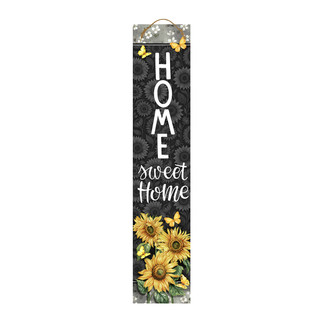 Elegant Sunflowers Pine Reversible Porch Leaner with HOME sweet Home text and yellow flowers.