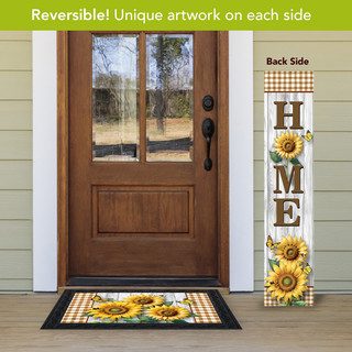 Elegant Sunflowers Pine Reversible Porch Leaner with HOME text and yellow flowers on white background.