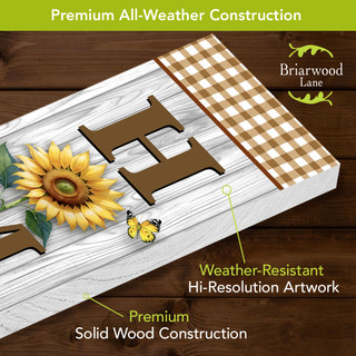 Elegant Sunflowers Pine Reversible Porch Leaner, white wood, brown letters, yellow sunflower, brown checkered fabric.