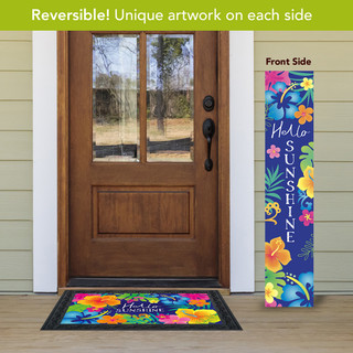 Fun Florals Pine Reversible Porch Leaner with colorful floral design and Hello Sunshine text.