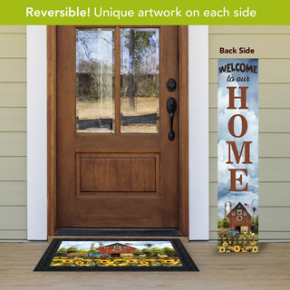 Farm Welcome Pine reversible porch leaner and matching doormat with farmhouse and sunflowers design displayed.