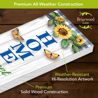 Welcome To Our Home Pine Reversible Porch Leaner with sunflowers, butterflies on white wood background.