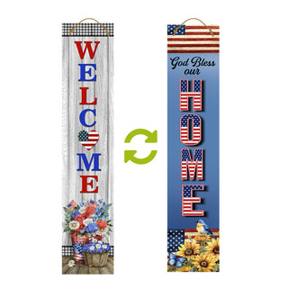 Reversible Patriotic Welcome Pine Porch Leaner, double-sided, patriotic, American flag design, welcome home sign.