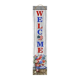 Patriotic Welcome Pine Reversible Porch Leaner with red, white, and blue floral design and American flag.