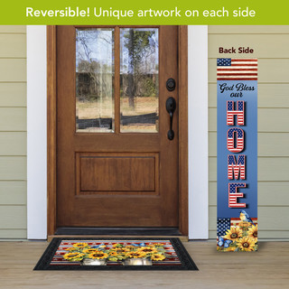 Patriotic Welcome Pine reversible porch leaner with American flag design and sunflowers on a blue background.