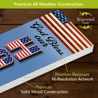 Patriotic Welcome Pine Reversible Porch Leaner with American flag design and God Bless text.