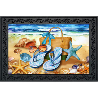 Beach themed Welcome To the Beach Doormat with flip flops, seashells and starfish on sandy beach.