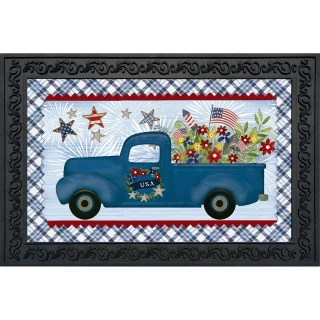 Blue pickup truck with flowers, stars, and American flags on Celebrate America Pickup Doormat.