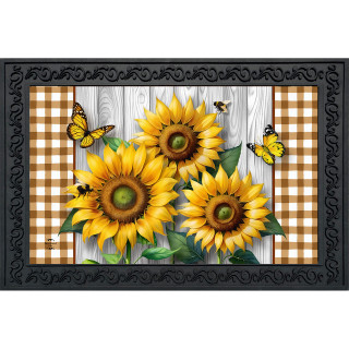 Sunflower Duo Doormat with three bright yellow sunflowers, butterflies, on a brown plaid and wood background.