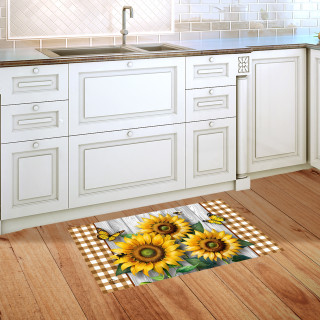Sunflower Duo Doormat on wooden floor beside white kitchen cabinets with gingham border and yellow sunflowers.