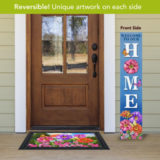 Butterflies and Flowers Pine Reversible Porch Leaner with colorful floral design and welcome home sign.