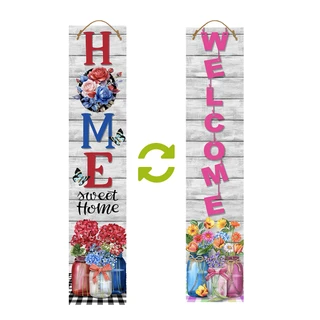 Reversible porch leaner with floral mason jars, HOME and WELCOME, colorful flowers, rustic wood design.