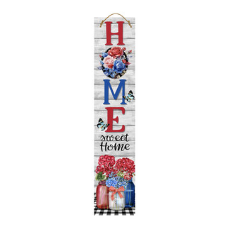 Reversible Porch Leaner with "HOME sweet Home" and floral mason jars in red, white, blue hues.