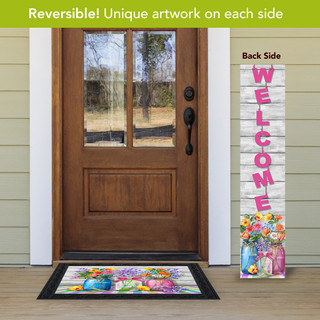 Floral Mason Jars Pine Reversible Porch Leaner with colorful flowers and welcome sign on porch.