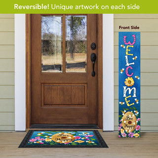 Bee Happy Bugs Pine Reversible Porch Leaner with colorful welcome design and floral accents standing upright.