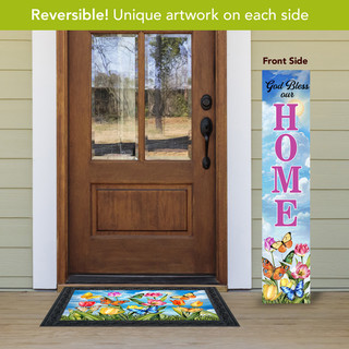 Spring Home Pine Reversible Porch Leaner with colorful butterfly design on front door porch area.