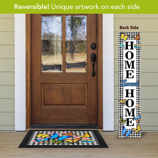 Spring Home Pine reversible porch leaner, colorful floral design with "HOME" and checkered pattern.