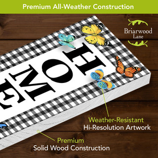 Spring Home Pine Reversible Porch Leaner with butterflies and checkered border on wooden background.