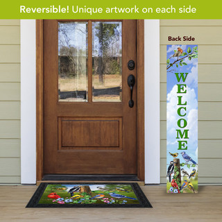 Spring Birds Pine Reversible Porch Leaner, colorful welcome sign with birds and floral design standing tall.