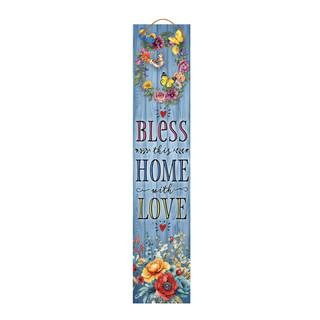 Bless This Home Pine Reversible Porch Leaner with floral wreath and colorful flowers on blue background.