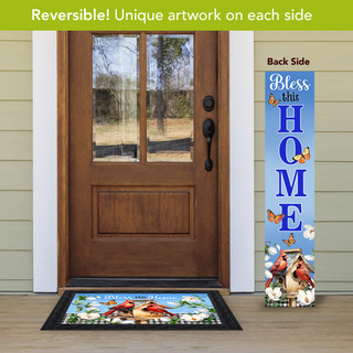 Bless This Home pine reversible porch leaner with colorful butterfly and bird design on each side.