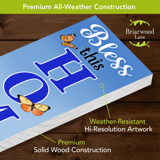 Bless This Home Pine Reversible Porch Leaner with butterflies on a blue background, solid wood construction.