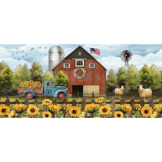 Sunflower Barn Mini Mat, red barn, blue truck, sunflowers, sheep, and windmill in a rural setting.