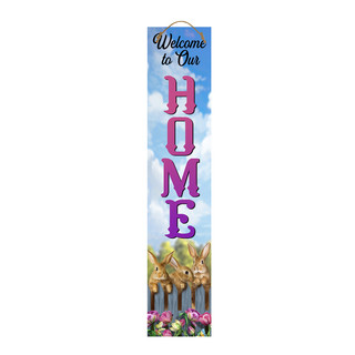 Easter Celebration Pine Reversible Porch Leaner with bunnies, flowers, and "Welcome to Our Home" sign.