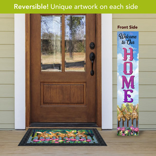 Easter Celebration Pine Reversible Porch Leaner with Welcome Home design on a house porch.