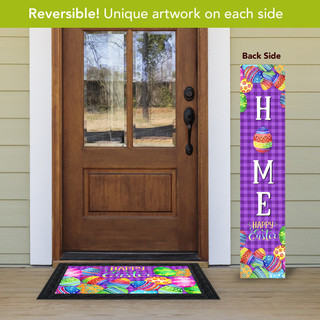 Easter Celebration Pine Reversible Porch Leaner and colorful doormat with Easter eggs and bunnies design.